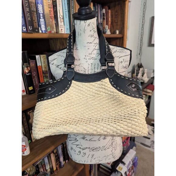 Brighton Handbag Shoulder Bag Woven Straw Patent Croc Leather Studded Satchel - Picture 3 of 8